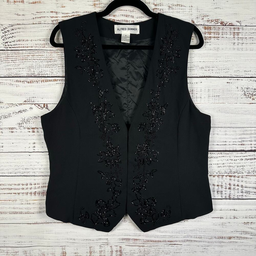 VTG Alfred Dunner Black Floral Beaded Front V Neck Vest Evening Dressy Womens 10